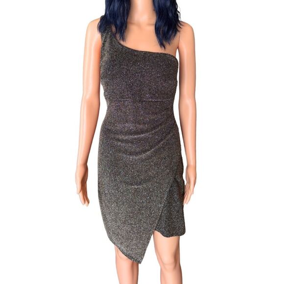 Emerald Sundae Metallic Black One Shoulder Dress Large Juniors Sparkle Bodycon - Picture 2 of 7